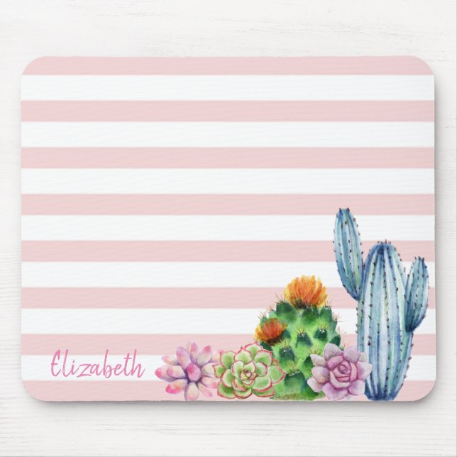 Mousepad Cacto Adorável em Aquarela, Listras de Suculentas (Frente)