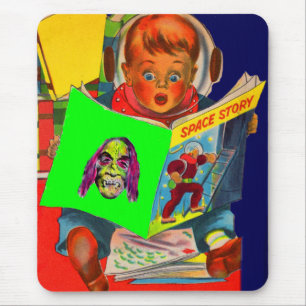 Mousepad cadete espacial lendo livro de ficção científica