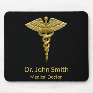 Mousepad Caduceus Dourado médico elegante no preto -
