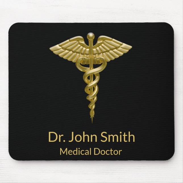 Mousepad Caduceus Dourado médico elegante no preto - (Frente)