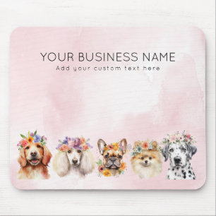 Mousepad Cães adoráveis com coroa floral, cor-de-água rosa