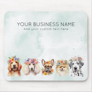 Mousepad Cães adoráveis com coroa floral, verde-aquarela
