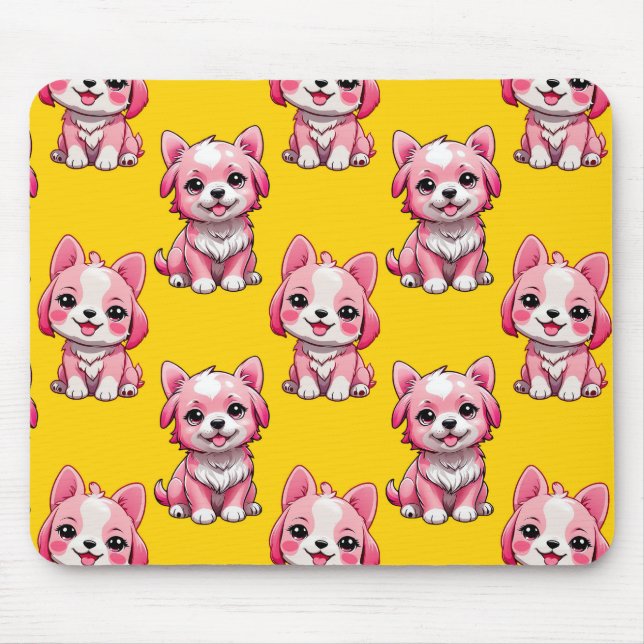 Mousepad Cães Fofo Rosa - Amarelo (Frente)