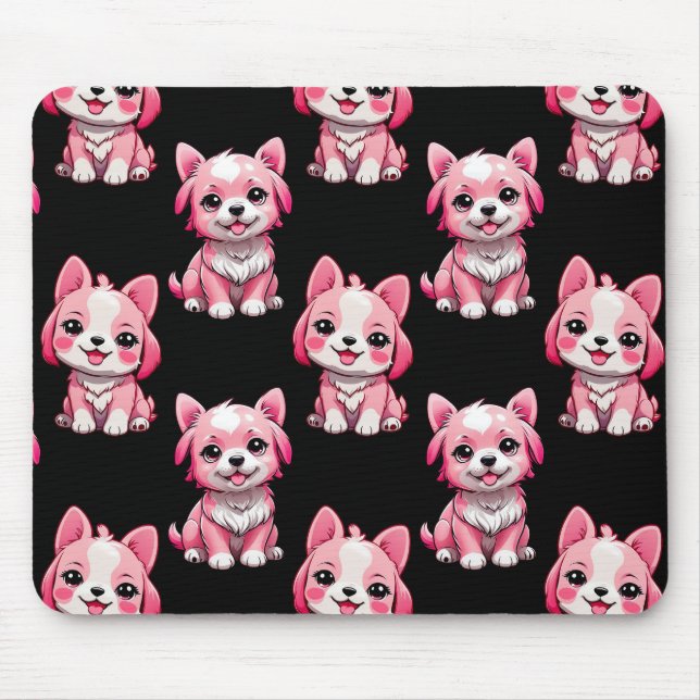Mousepad Cães Fofo Rosa - Preto  (Frente)