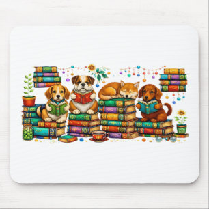 Mousepad Cães Lendo Livros Cena Aconchegante de Biblioteca