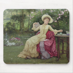 Mousepad Café e leitura do bebendo no jardim (w/c sobre