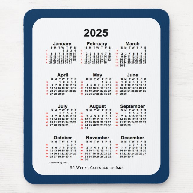 Mousepad Caixa de Polícia de 2025 Calendário Azul de 52 Sem (Frente)