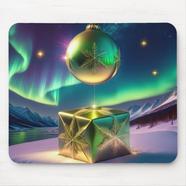 Mousepad Caixa de Presente Sino de Natal Luzes do Norte Nev (Frente)
