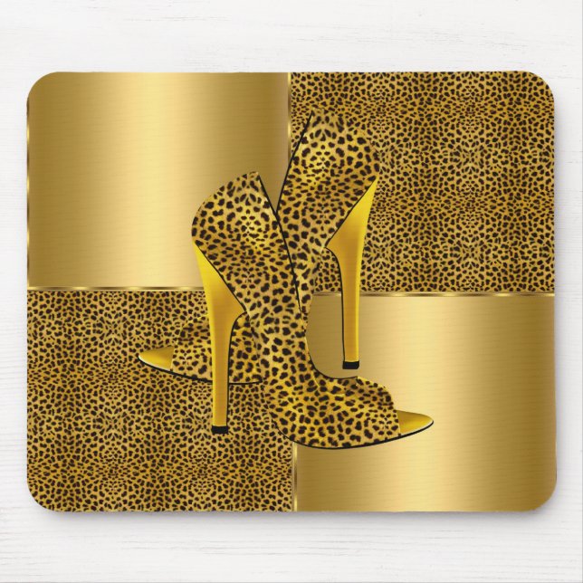 Mousepad Calçados de alto salto do leopardo Dourado Elegant (Frente)