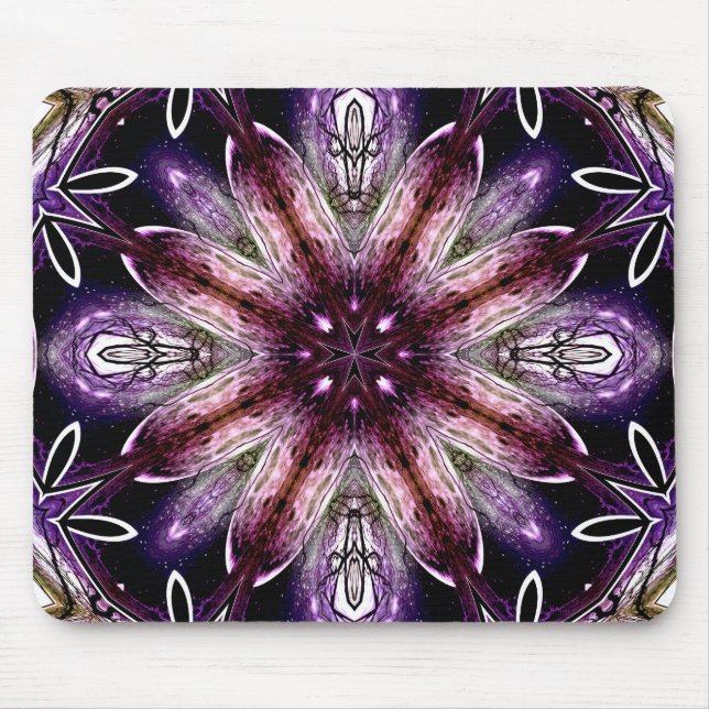 Mousepad Caleidoscópio de flores cósmicas violeta e magenta (Frente)
