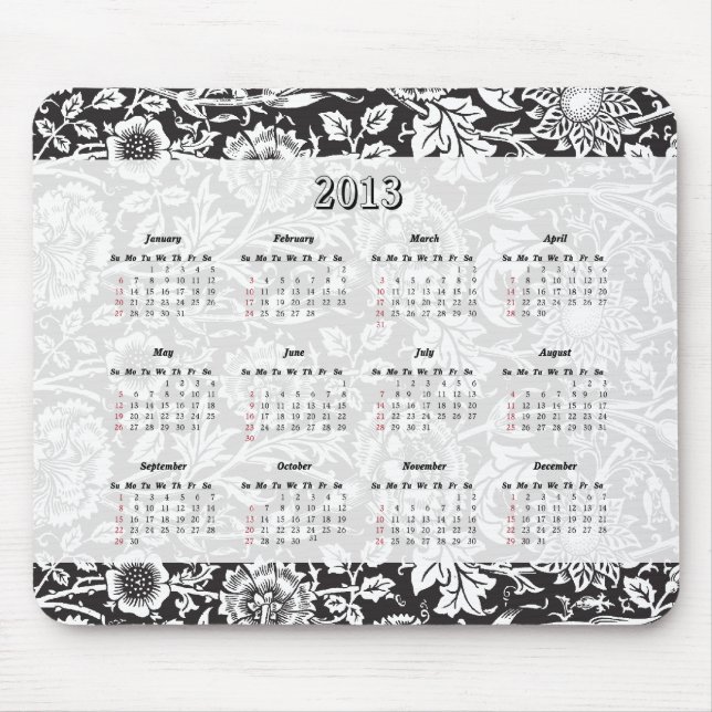 Mousepad Calendário 2013 floral preto & branco do tapete do (Frente)