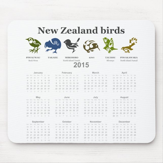 Mousepad Calendário 2015 para as aves da Nova Zelândia (Frente)