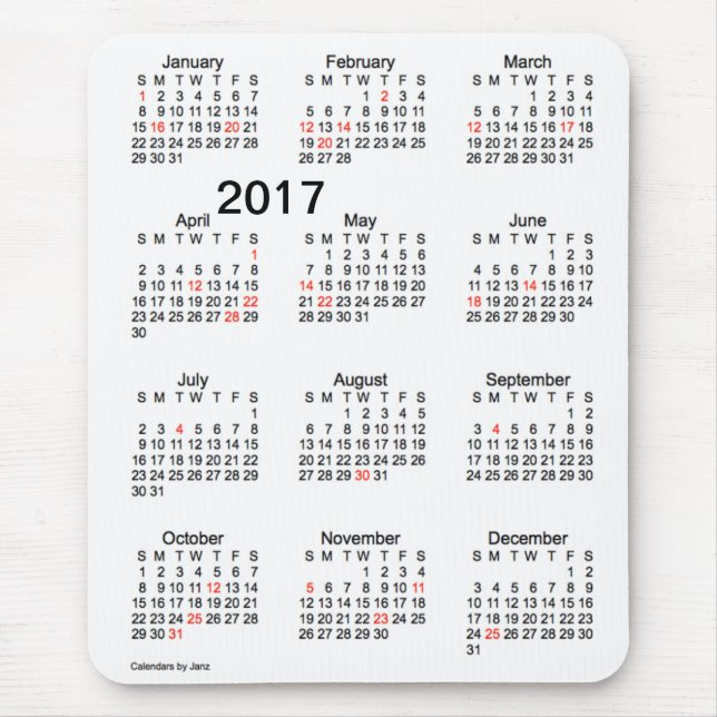 Mousepad Calendário 2017 do feriado das letras grandes por (Frente)