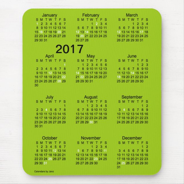 Mousepad Calendário 2017 verde do feriado das letras (Frente)