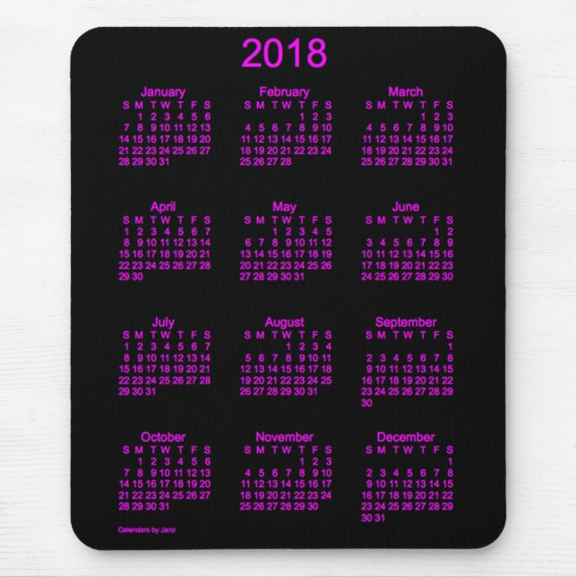 Mousepad Calendário 2018 cor-de-rosa de néon pelo tapete do (Frente)