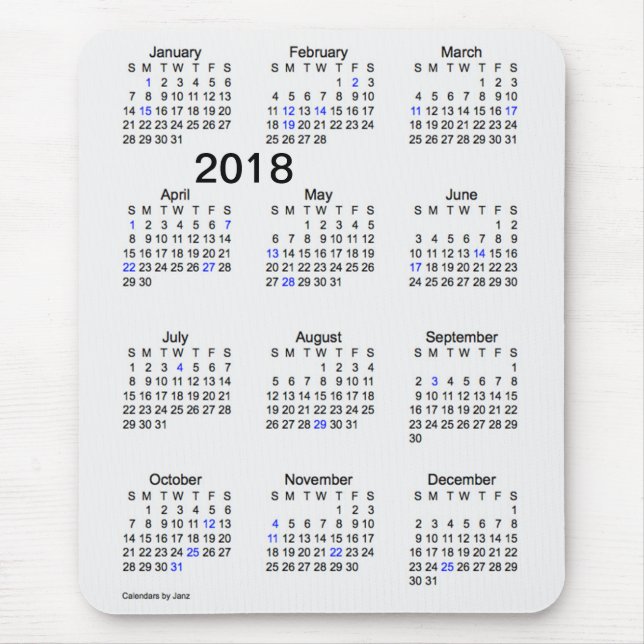 Mousepad Calendário 2018 do feriado das letras grandes por (Frente)