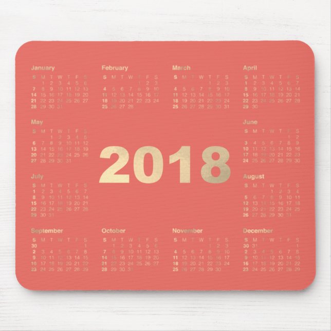 Mousepad Calendário 2018 Faux Dourado Metálico Coral Mínimo (Frente)