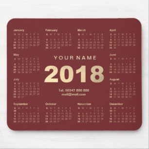 Mousepad Calendário 2018 Nome Dourado Borgonha Número da We