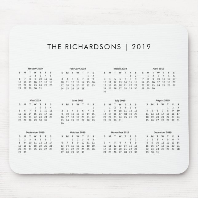 Mousepad Calendário 2019 preto e branco simples e moderno (Frente)