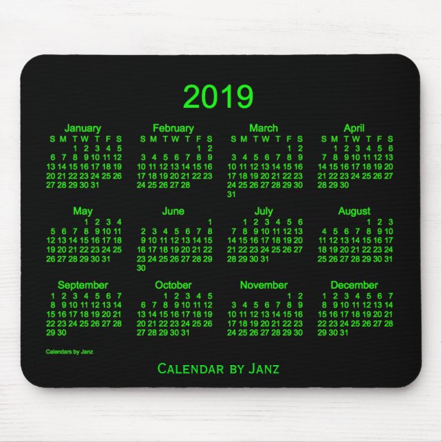 Mousepad Calendário 2019 verde de néon por Janz (Frente)