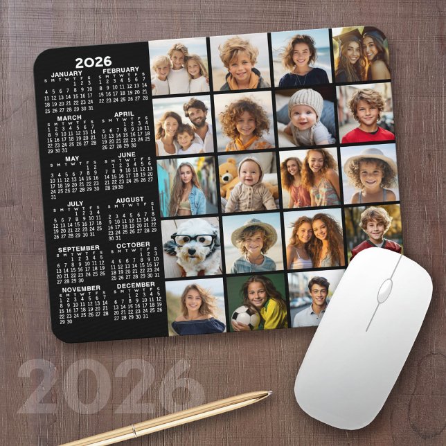 Mousepad Calendário 2023 - Colagem de 20 fotos em preto (2026 Calendar with a Photo Collage on a Mousepad)