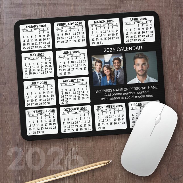 Mousepad Calendário 2023 com 2 fotos e texto - Branco preto (2026 Calendar with a Photo Collage on a Mousepad)