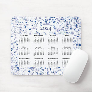 Mousepad Calendário 2024 Cinza Azul Branco Terrazzo Modern