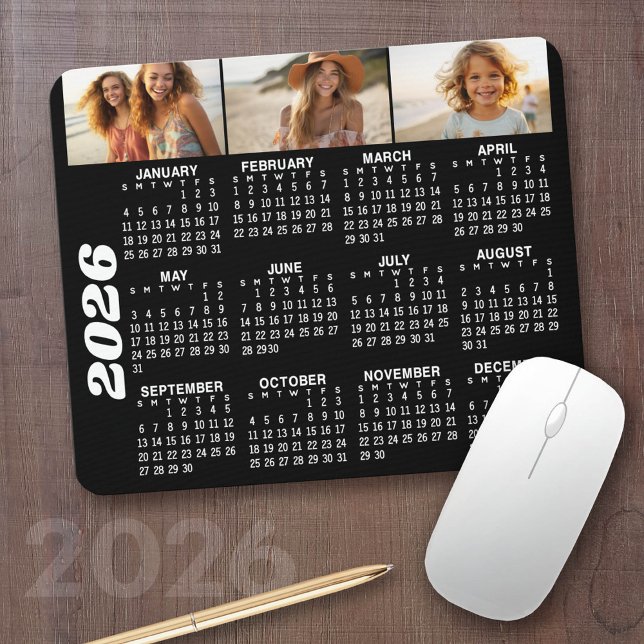 Mousepad Calendário 2024 com 3 Colagem de Fotos - preto (2026 Calendar with your logo or photos - Great Business Gift or Home Office Decor)
