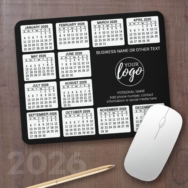 Mousepad Calendário 2024 com logotipo, Informações de conta (2026 Calendar with your logo - Great Business Gift or Home Office Decor)
