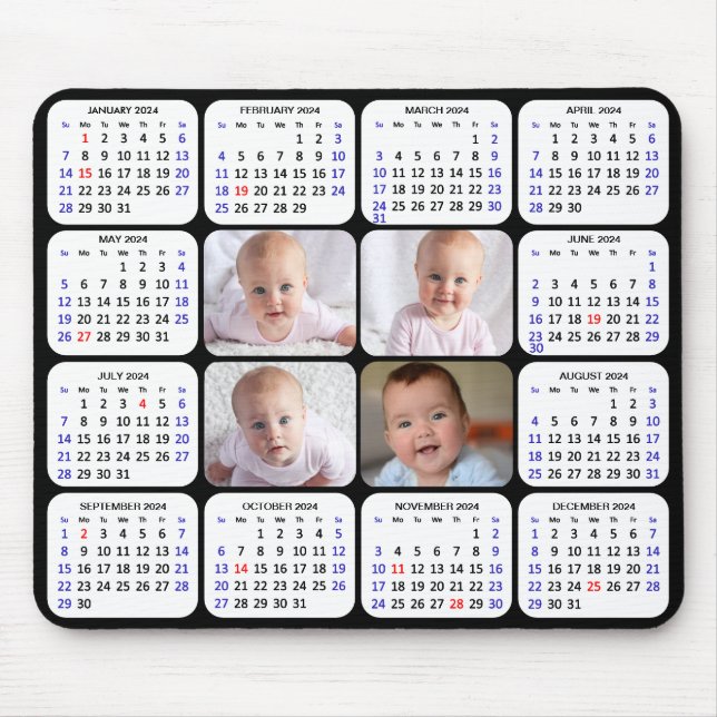 Mousepad Calendário 2024 Foto Simples da Família Modern Bla (Frente)