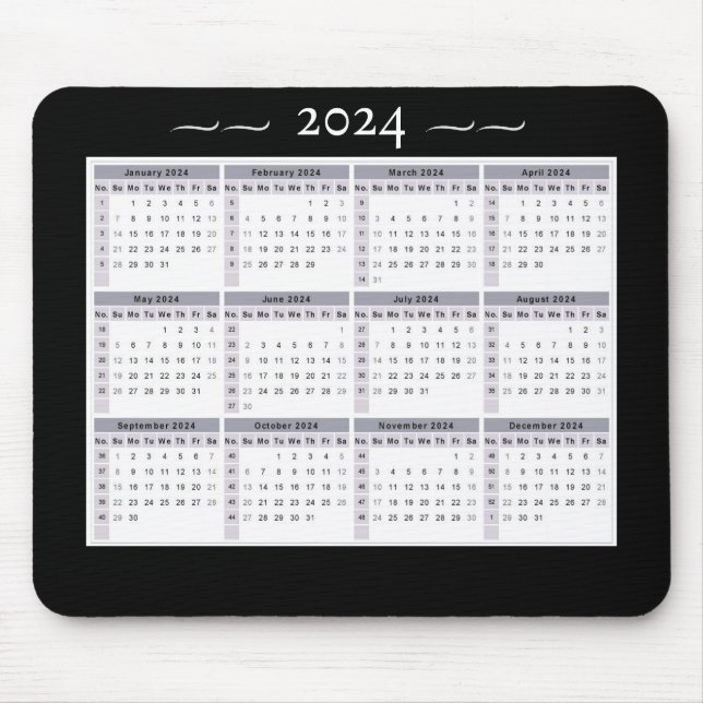 Mousepad Calendário 2024 Impressão Branco preto branco gran (Frente)
