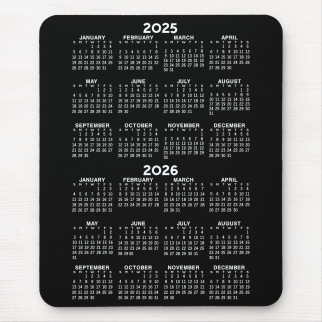 Mousepad Calendário 2025 2026 - Fundo negro - Vertical (Frente)