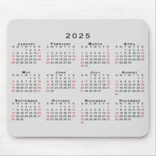 Mousepad Calendário 2025 Cinza Simples Vermelho Negro
