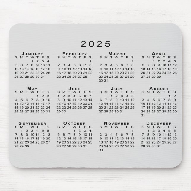 Mousepad Calendário 2025 Cinzas simples e preto (Frente)