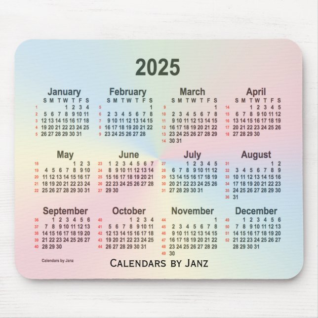 Mousepad Calendário 2025 da Rainbow Cloud 52 Weeks por Janz (Frente)