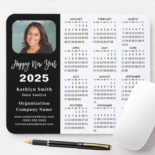 Mousepad Calendário 2025 Foto Comercial Moderna Preto Simpl (Criador carregado)
