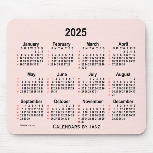 Mousepad Calendário 2025 Misty Rosa 52 Semanas por Janz (Frente)