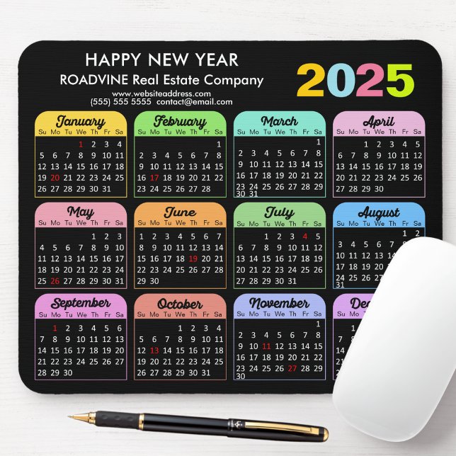 Mousepad Calendário 2025 Moderno Negra Negra Feriados nos E (Criador carregado)