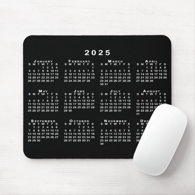 Mousepad Calendário 2025 preto e branco simples (Com mouse)