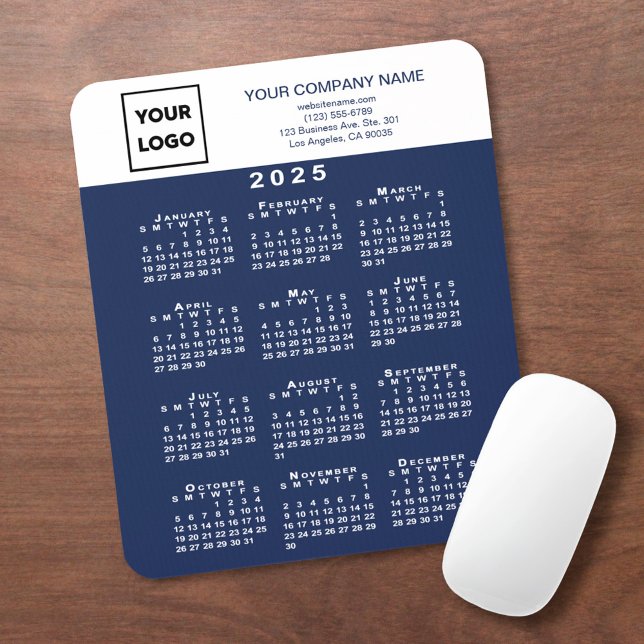 Mousepad Calendário 2025 Texto do Logotipo Comercial Marinh (2025 Calendar Business Logo Text Navy Blue White Mouse Pad in situ)