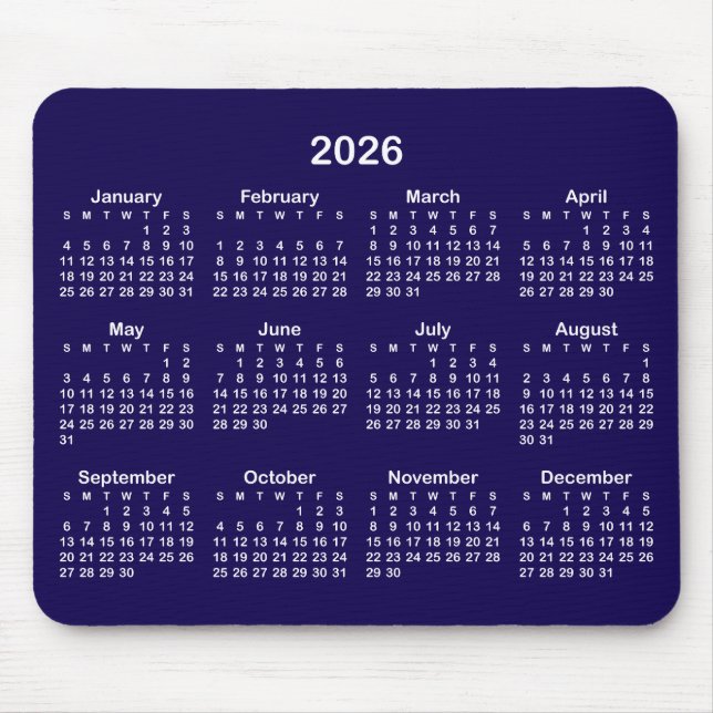 Mousepad Calendário 2026 Azul Escuro e Branco (Frente)