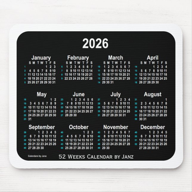 Mousepad Calendário 2026 Black Neon 52 Weeks por Janz (Frente)