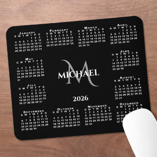Mousepad Calendário 2026 Chic Monograma Nome em Preto