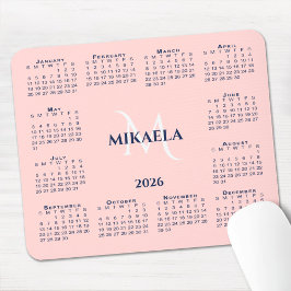 Mousepad Calendário 2026 Chic Monograma Nome em Rosa Coral