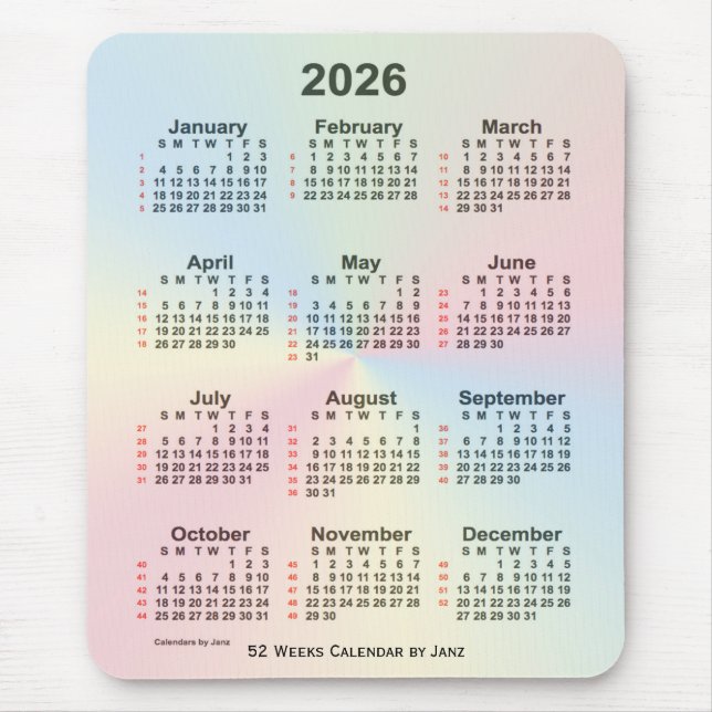 Mousepad Calendário 2026 da Rainbow Cloud 52 Semana por Jan (Frente)
