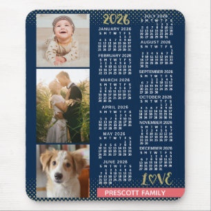 Mousepad Calendário 2026 Família Falsa Coral Dourado Colage