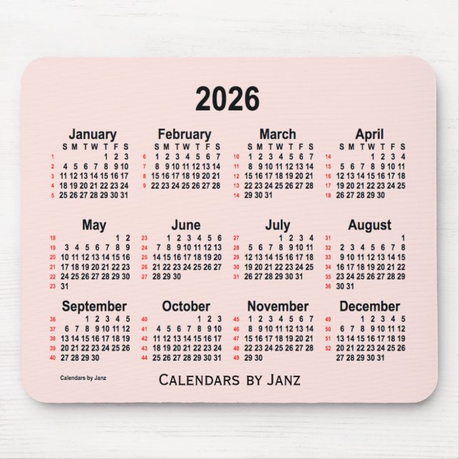 Mousepad Calendário 2026 Misty Rosa 52 Semanas por Janz (Frente)