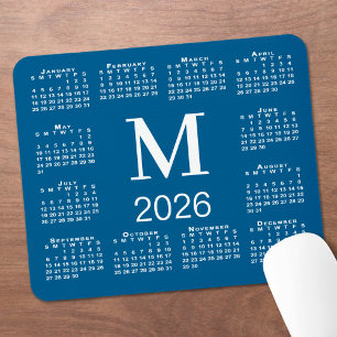 Mousepad Calendário 2026 Monograma Azul e Branco