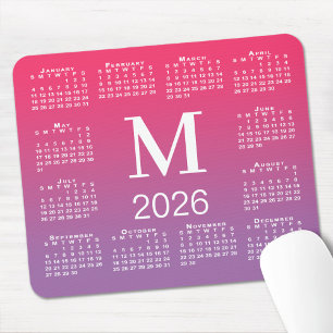 Mousepad Calendário 2026 Monograma em Gradiente de Rosa par
