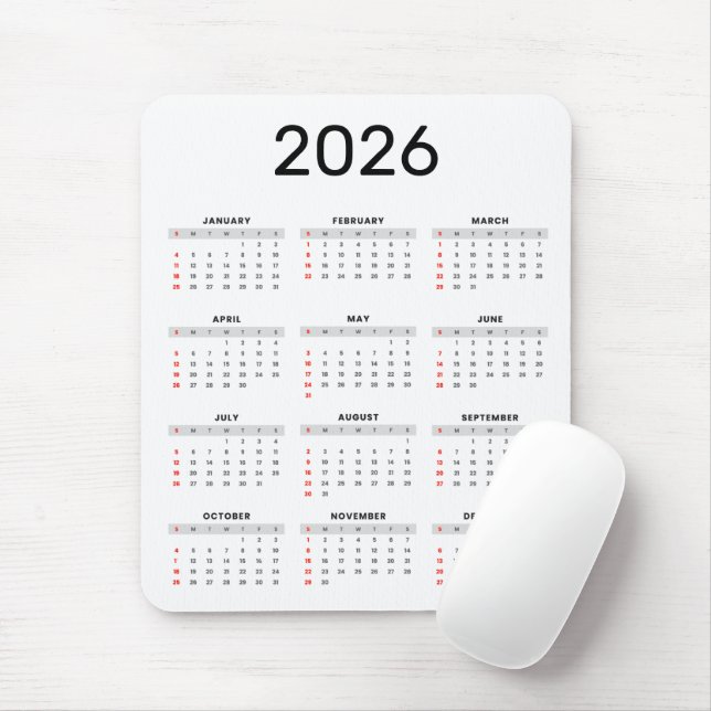 Mousepad Calendário 2026 Preto e Branco Simples (Com mouse)
